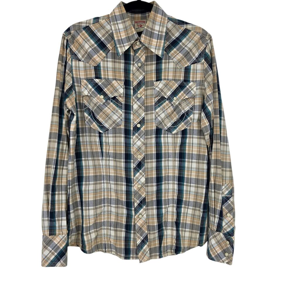 True Religion Tan & Blue Plaid Western Cotton Long Sleeve Pearl Snap Shirt Sz S